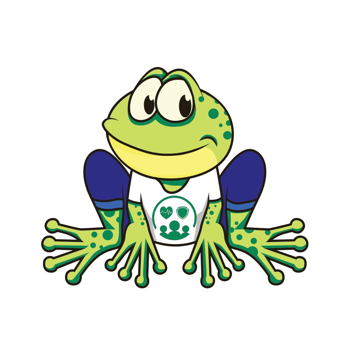 A green frog on a white background. The frog wears blue pants and a white tshirt with a logo. The logo shows a beating heart and a shield